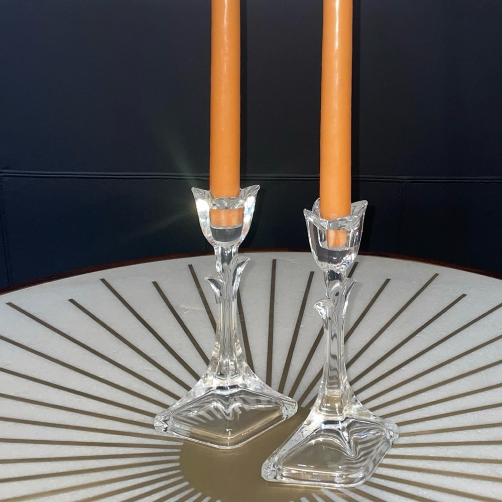 Pair of Tuscany Tulip Candlesticks Lead Crystal Candle Holders Clear Vintage